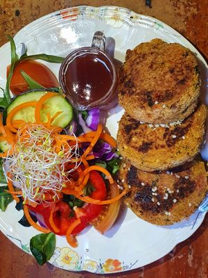 Coriander, Ginger and Lentil Patties, seved with fresh garden salad and Chinese plum sauce. at Good Golly Miss Polly in Burra