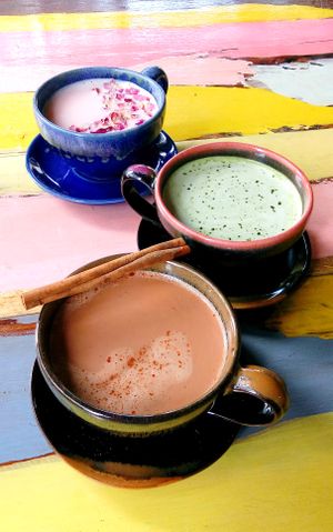 Elixirs of Love;  Maca Chai Tea, Matcha Latte & Pink Moon Latte at Blossom Cafe in Pai