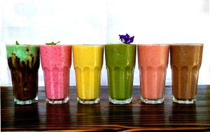 Superfood Smoothies; Mint Choc, Strawberries & Cream, Turmeric Ginger Colada, Green Power, Sunburst, Choco Magic at Blossom Cafe in Pai