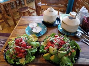 Goddess spring salads and whole coconuts...the dynamic duo at Blossom Cafe in Pai