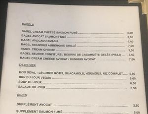 Menu at Bob's Juice Bar in Paris