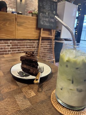 Double chocolate cake and matcha latte   at Rumah Juliet in Jakarta