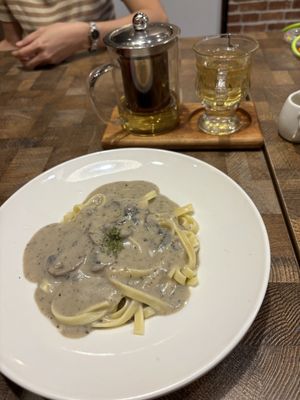 Pasta, and chamomile tea.  at Rumah Juliet in Jakarta