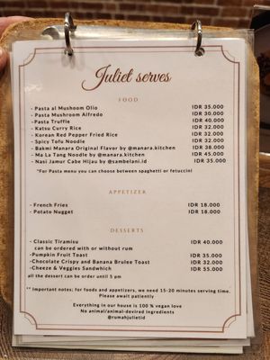Savoury menu at Rumah Juliet in Jakarta