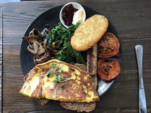Cooked breakfast with vegan omelette  at Gorilla Kitchen in Auckland