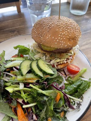 Royale Burger with delicious salad  at Gorilla Kitchen in Auckland
