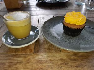 Bliss brew with some Eastern herbs and salted caramel cupcake (had to have a long black to finish the cake off as the brew was sweet - may be best on its own) at Gorilla Kitchen in Auckland
