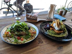Mushroom bruschetta and cornucopia (fritters)  Oh yeah... at Gorilla Kitchen in Auckland