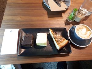 Choc caramel, custard slice and passionfruit cheesecake. Custard slice was the best for me at Gorilla Kitchen in Auckland