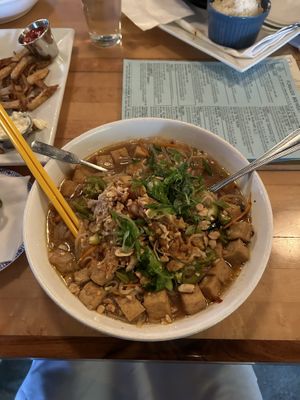 Forager Noodles with BBQ jackfruit   at Forager Brewery in Rochester
