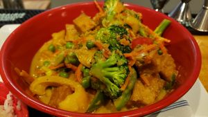 Pine creek curry ($16), peanut sauce curry. Good. at Forager Brewery in Rochester