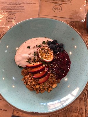 Granola with coconut yogurt at Boo's Kitchen in Mumbles