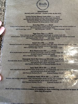 Breakfast menu at Boo's Kitchen in Mumbles