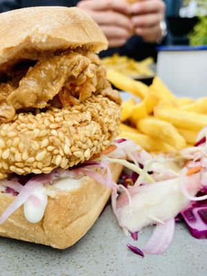The tofu burger with a gf bun for me. So filling and delish  at Boo's Kitchen in Mumbles