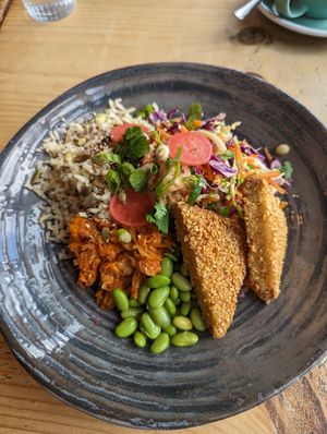 Boo-fu bowl (sesame coated tofu, brown rice, edamame, kimchi, slaw, satay) at Boo's Kitchen in Mumbles