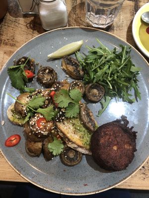 Miso mushroom on sourdough toast with hash brown  at Boo's Kitchen in Mumbles