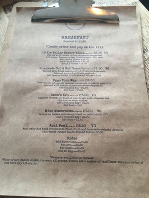 Breakfast menu (pancakes also served at weekends) at Boo's Kitchen in Mumbles
