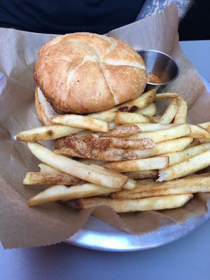 House-made veggie burger with vegan aioli & curry dipping sauce  at Mello Velo Cafe in Syracuse
