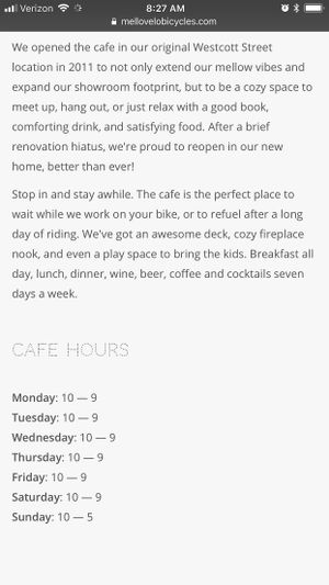 Current cafe hours  at Mello Velo Cafe in Syracuse