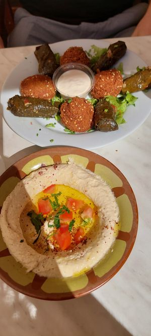 Hummus, stuffed vine leaves and falafel at Falafel in Antibes