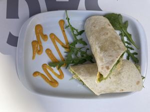 Hoummous and avocado wrap (made on request)   at Roots Cafe in Cascais
