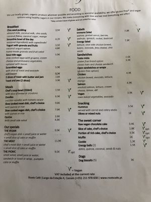 Food menu  at Roots Cafe in Cascais