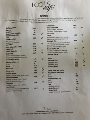 Drink menu  at Roots Cafe in Cascais