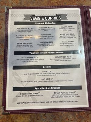 VegN menu   at Everest on Grand in St Paul