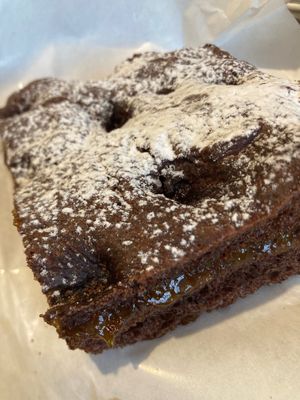 Sweet chocolate focaccia with apricot jam  at Pane e Tempesta in Rome