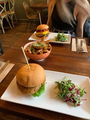 Two seitan burgers & posh fries at Thrive Bar & Kitchen in Edinburgh