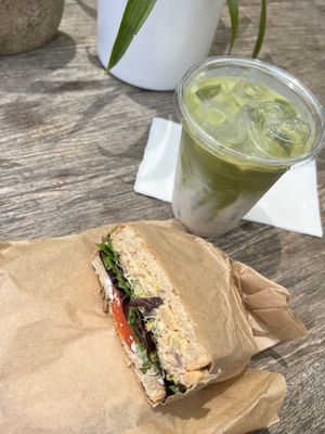 Chickpea tuna salad sandwich and a matcha latte w/ oat milk  at Vegan Popup By XMarket in Venice