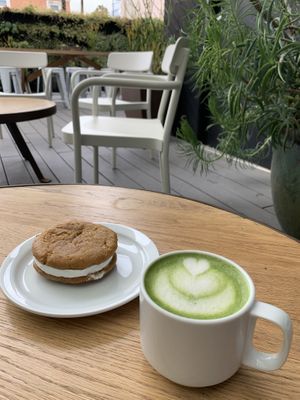 Carrot cream pie and oat milk matcha latte! 🌱 at Vegan Popup By XMarket in Venice