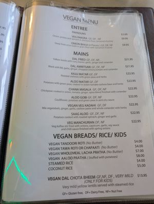 Vegan menu at Aalishan Indian Restaurant in Townsville