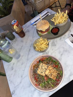 Tofu noodles and the V.E.G. Burger!  at The Skinny Kitchen - Marina in Ibiza
