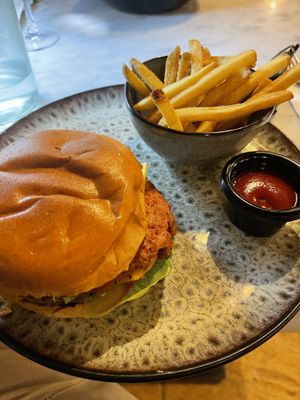 Vegan burger with fries  at The Skinny Kitchen - Marina in Ibiza