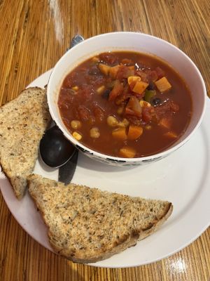 Vegan chili and house made bread  at The Tall And Small Cafe in Antigonish
