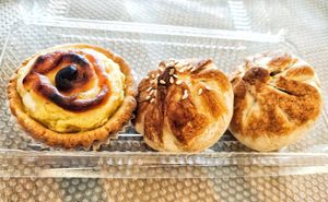 Potato tart, chicken and Char siew BBQ bao at No Meat Recipe Bakerway Cafe in Skudai