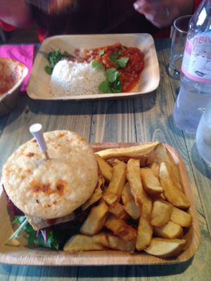 bean chilli with rice, 'burger with attitude' and hand-cut chips at Garden of Vegan in Ranelagh