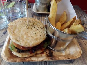 Black bean burger and chips at Garden of Vegan in Ranelagh
