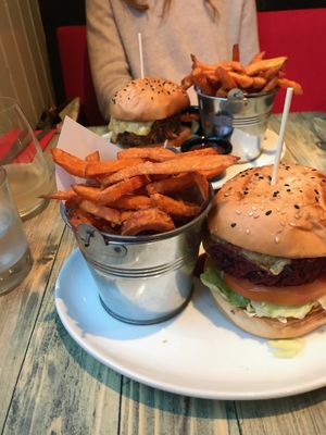 Sweet Potato Fries and Beetroot Burger with attitude at Garden of Vegan in Ranelagh