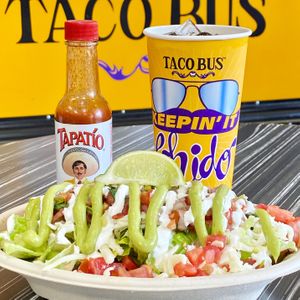 El Borrito Bol. Very easily converted to vegan friendly using any of the 5 vegan proteins, Butternut Squash, Rice & Beans, Portobello Ranchero, Vegan "steak" Strips,  or PlantFare at Taco Bus in Clearwater