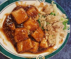Sesame tofu with vegetable fried rice. at China Garden in Spring Creek