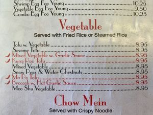 Veg section of the menu at China Garden in Spring Creek