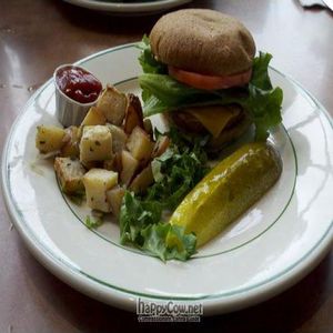 Tofu burger made vegan (with Vegenaise and vegan cheese) at Beans and Barley Market & Cafe in Milwaukee