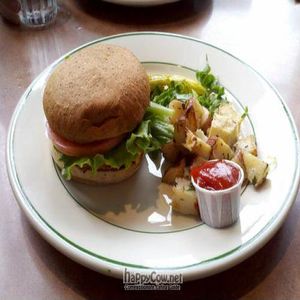 Tofu burger made vegan (with Vegenaise and vegan cheese) at Beans and Barley Market & Cafe in Milwaukee
