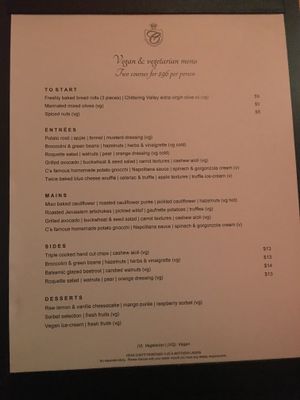 Vegan and vegetarian menu Sept 2018 at C Restaurant in the Sky in Perth
