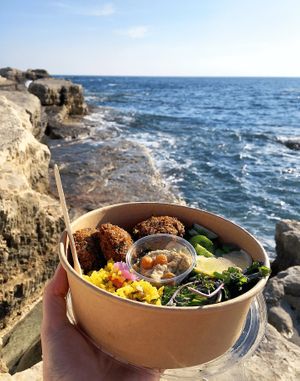 The very best take away lunch in Paphos, winter 2021 is Meraki Market Cafe's colourful bowl with falafel  at Meraki Market Cafe in Paphos