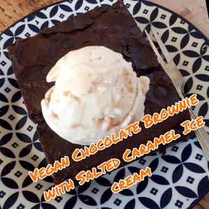 Vegan Chocolate Brownie with Salted Caramel Ice cream at Meraki Market Cafe in Paphos