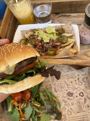 bad boy burger with loaded sea salt fries at Meraki Market Cafe in Paphos