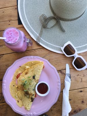 Chickpea omelette and dragon fruit latte   at Meraki Market Cafe in Paphos